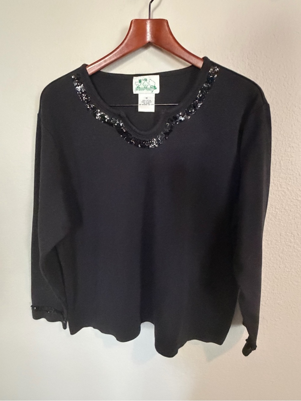The Quacker Factory Embellished Black Women's Top with Sequin Neckline  1X
